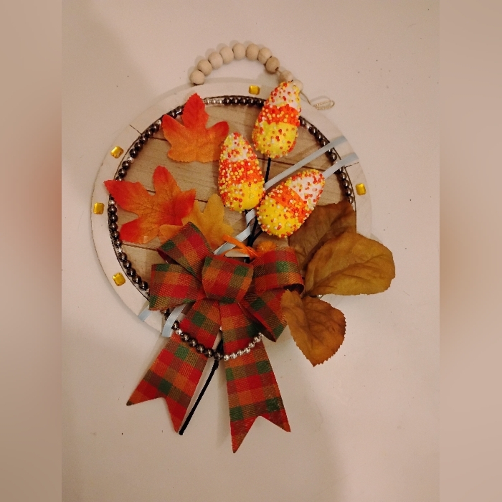 Autumn Leaf and Bow Wall Decor On Round Wood Board Homemade